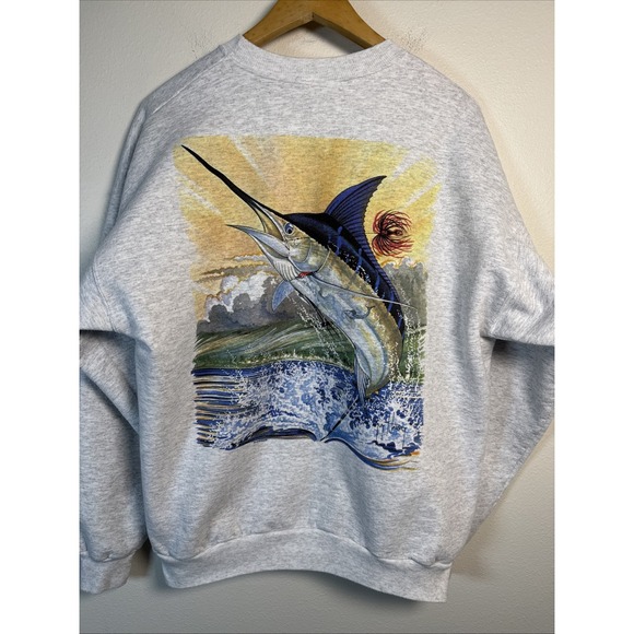 Guy Harvey Marlin Fish Graphic Gray Sweatshirt XL Crewneck Pullover Marine Art - Picture 1 of 7